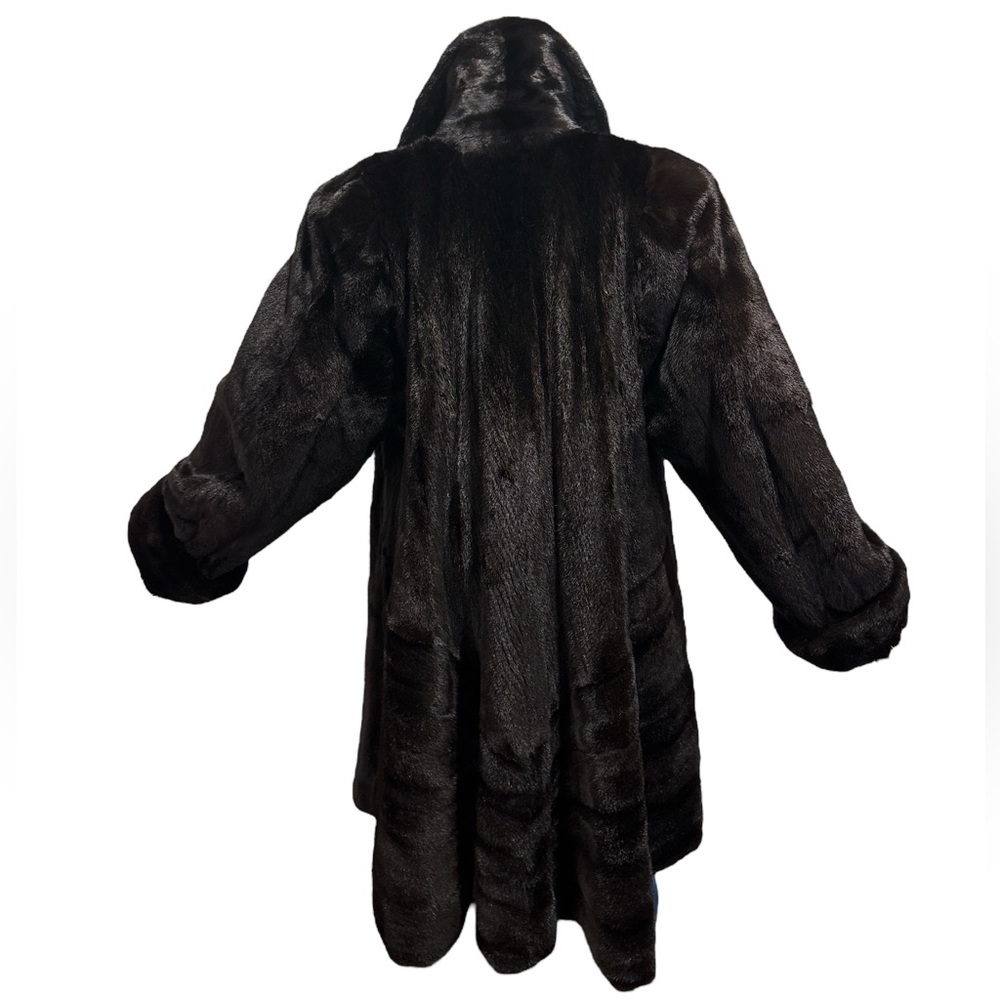 80s BLACK MINK OVERSIZED SWING COAT W RAGLAN SLEEVE VERTICAL & HORIZONTAL DESIGN - Picture 5 of 15